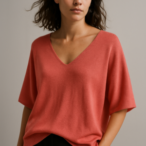 Jersey de Punto Fino con Cuello en V y Manga Corta  Color Coral