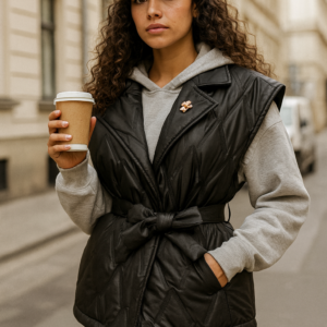 Chaleco Acolchado Negro con Cinturón