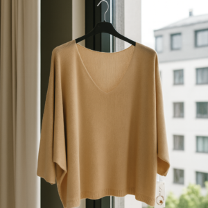 Suéter amplio camel con escote en V y mangas amplias