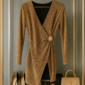 Vestido Dorado Cruzado con Brillos y Broche Lateral