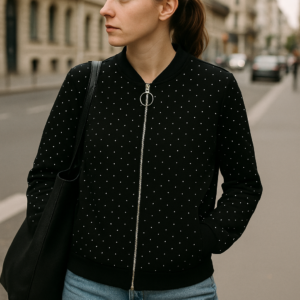 Chaqueta bomber beige con destellos y cierre de aro