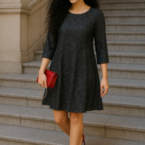 Vestido Negro Brillante de Corte A con Manga 3/4