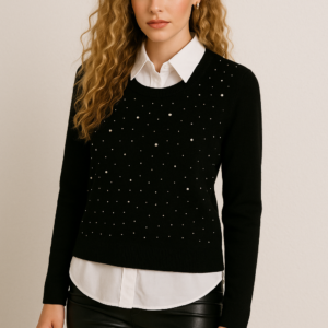 Jersey dos en uno con cuello camisero y aplicaciones de perlas – Negro