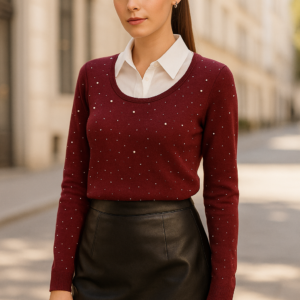 Jersey burdeos con perlas y camisa integrada