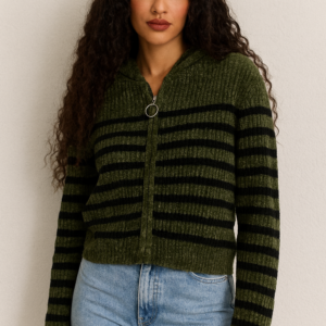 Chaqueta de Punto con Capucha y Rayas Horizontales