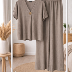 Conjunto Mujer Blusa Manga Corta y Pantalón Palazzo Texturizado – Estilo Casual Elegante