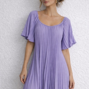 Vestido Corto Plisado con Mangas Fluidas