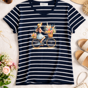 Camiseta a Rayas con Diseño de Chica en Bicicleta y Flores – Estilo Vintage de Verano