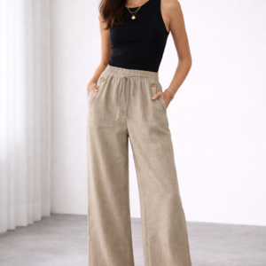 Pantalón Palazzo de Lino con Cintura Elástica y Bolsillos