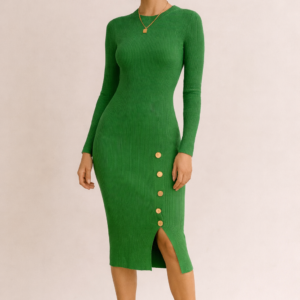 Vestido Midi Ajustado de Punto en Verde Esmeralda con Botones Decorativos